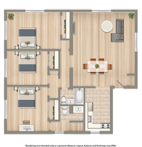 Floor plan for 3 beds, 2 baths, 1010 sqft
